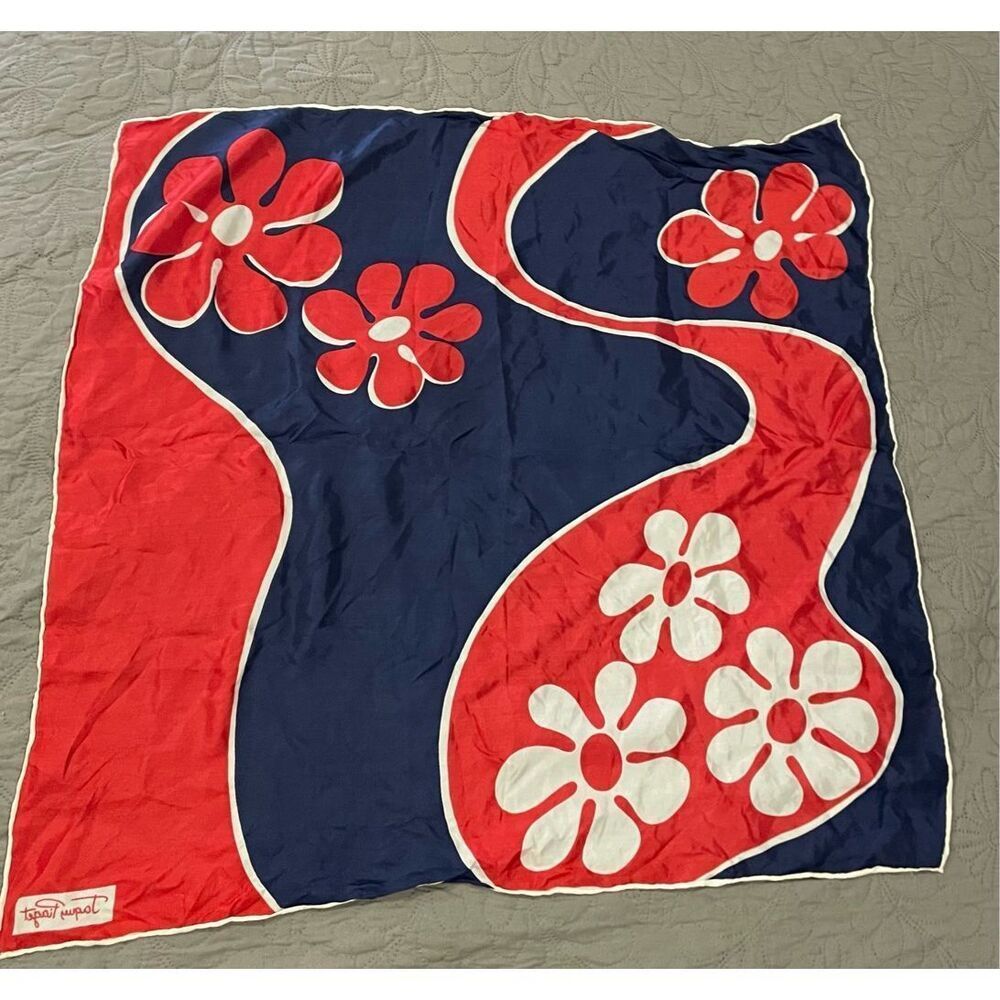 Jacques Piaget Vintage Groovy Funky Scarf Soft Vibrant Red Blue Flowers
